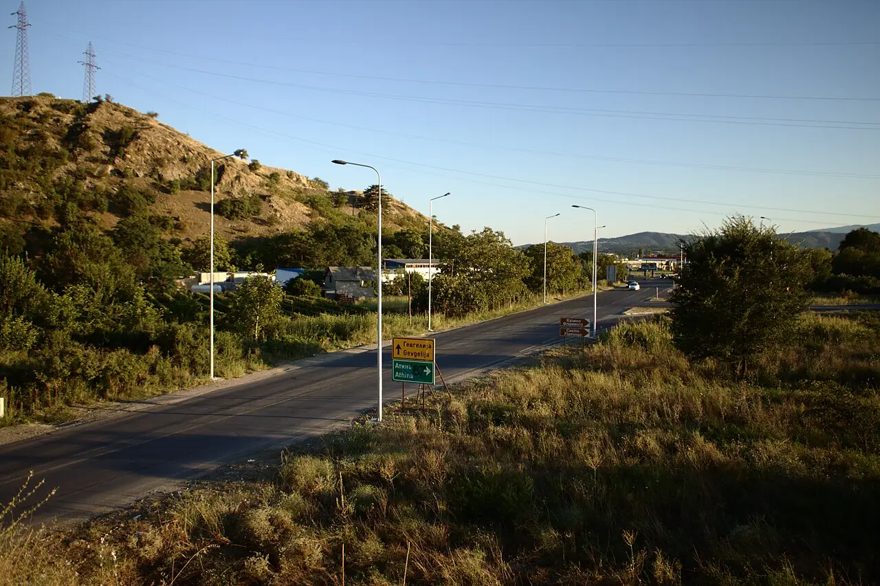 A road junction outside Gevgelija in southern North Macedonia, signposted to Gevgelija and to Athens
