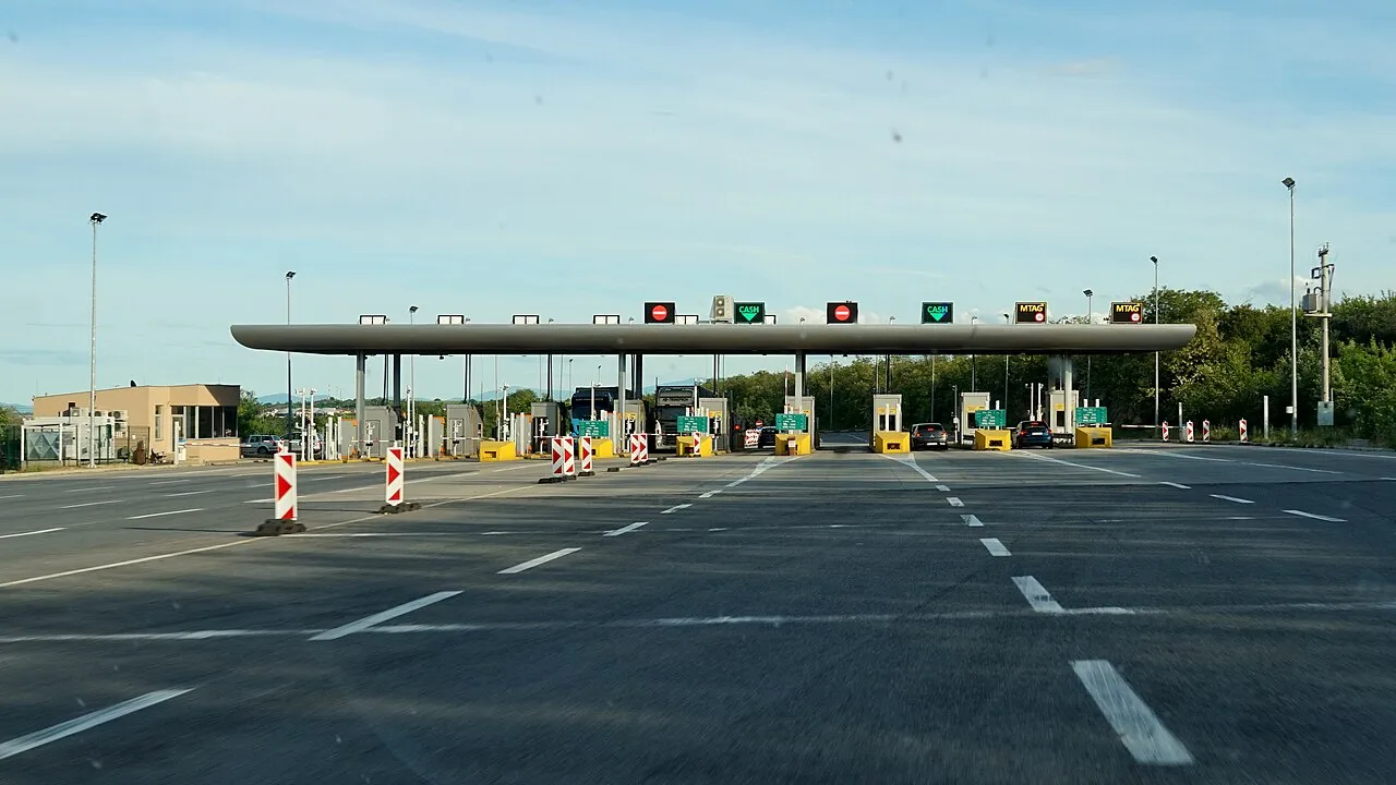 The Gradsko toll plaza on the A1 motorway in North Macedonia, on the route south towards the Greek border