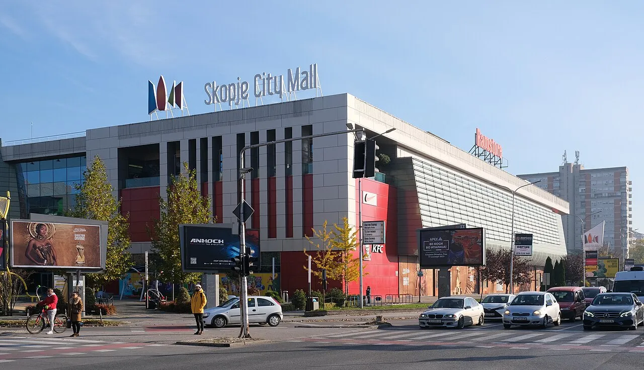Exterior of Skopje City Mall shopping centre on a clear day