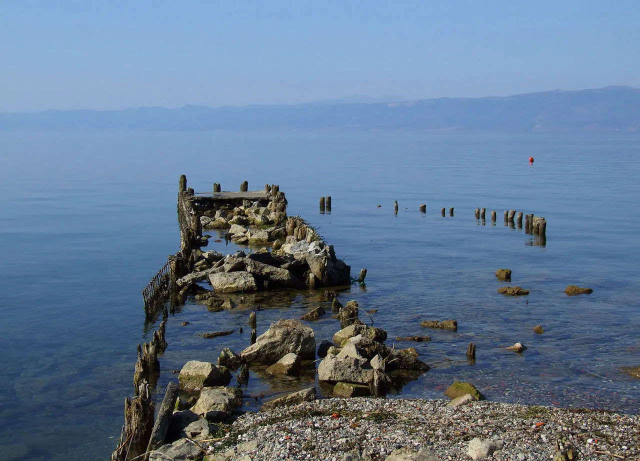 Clear water and shoreline of Lake Ohrid near the town of Ohrid