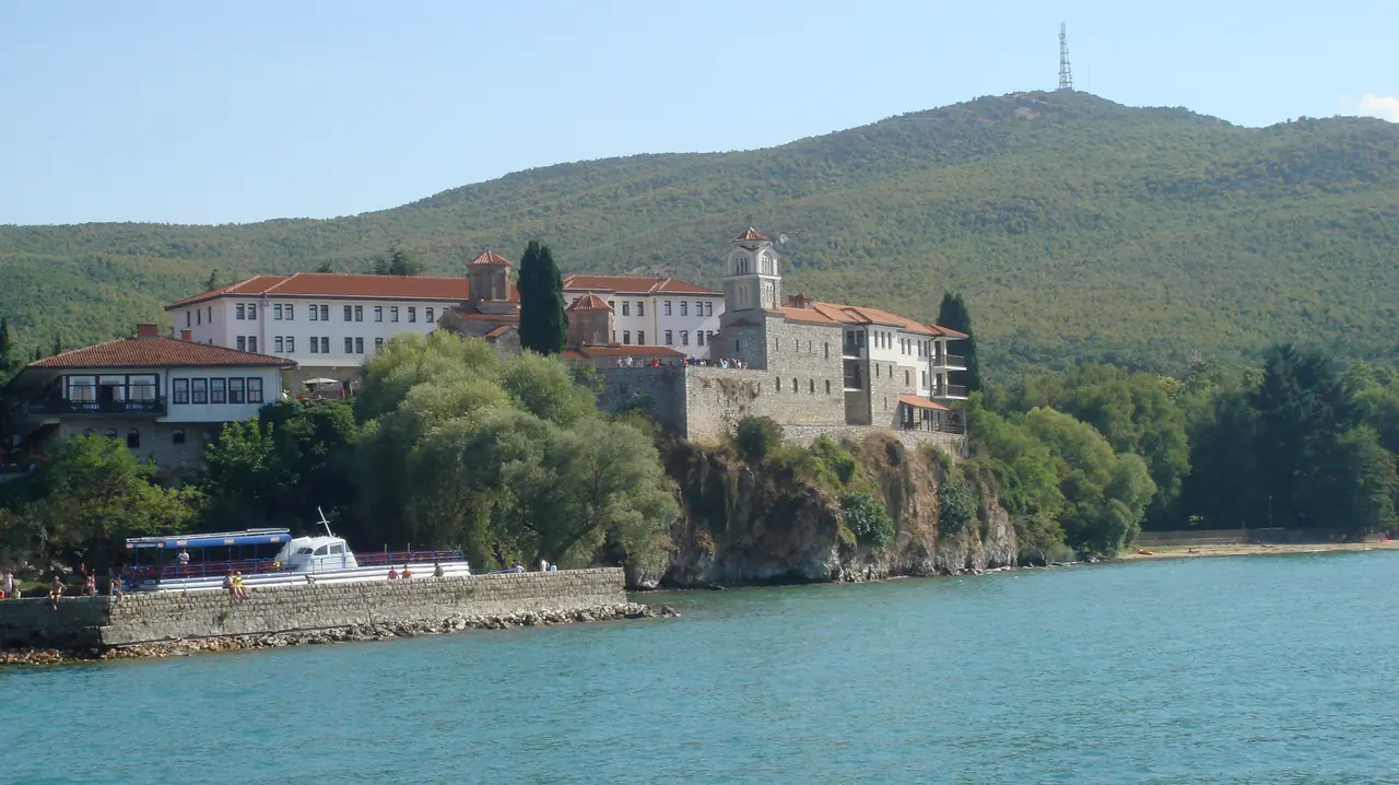 The Monastery of St. Naum seen from Lake Ohrid during a boat trip