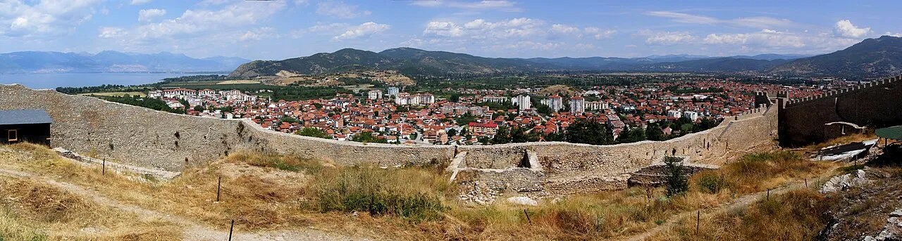 The red roofs of Ohrid old town and the lake seen from Samuel's Fortress