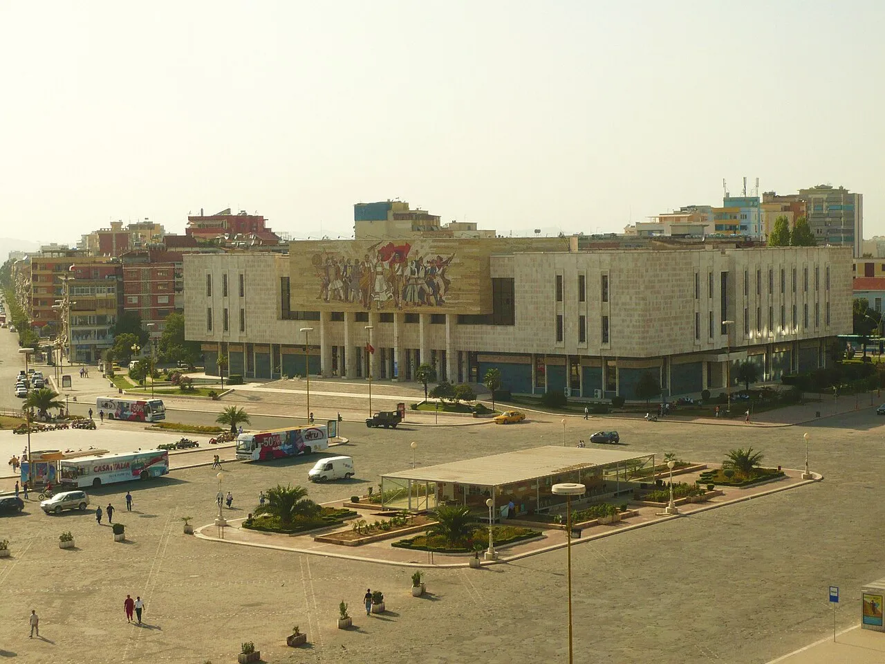 Skanderbeg Square in Tirana seen from above, with the equestrian statue and mosque