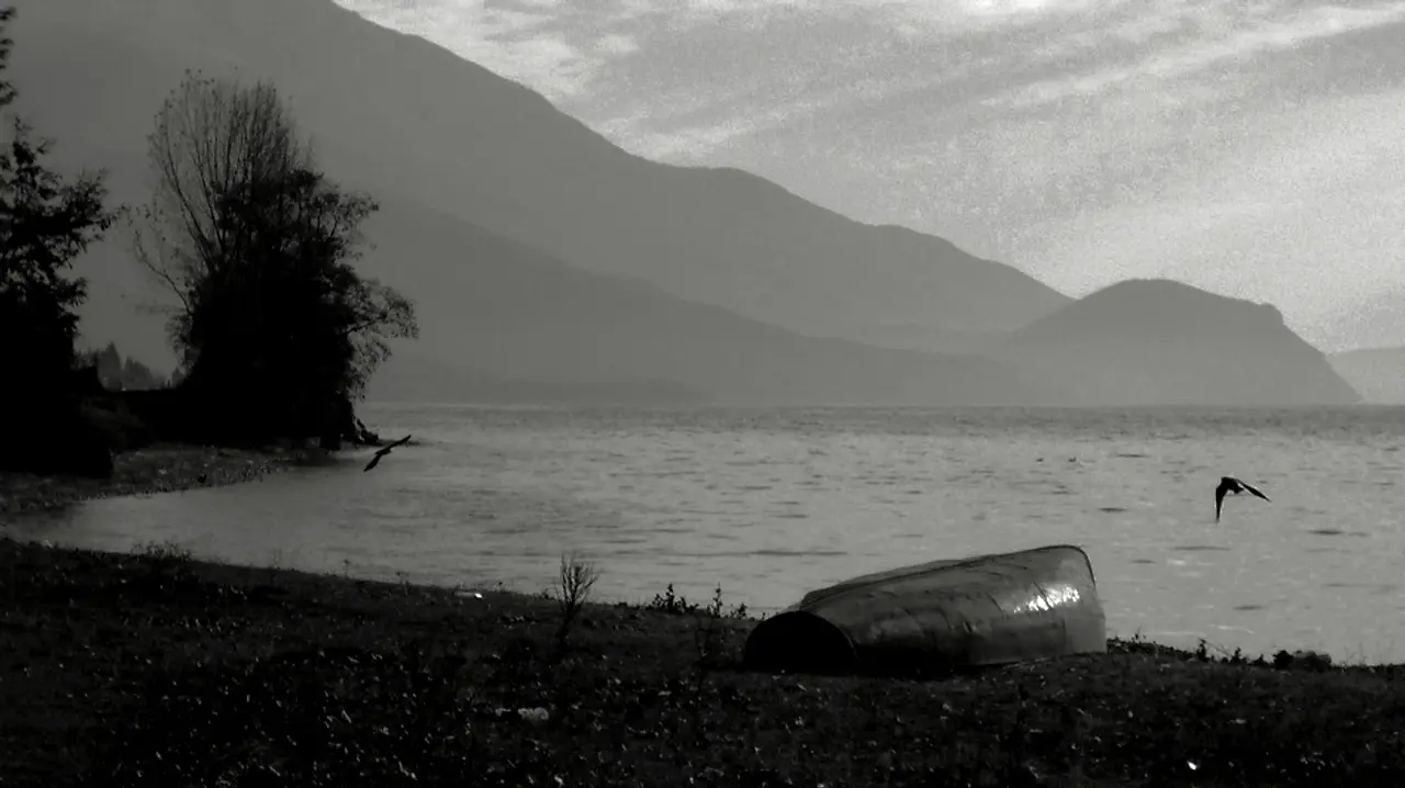 Lake Ohrid under the slopes of the Galičica mountains, the range the road to Bitola climbs over