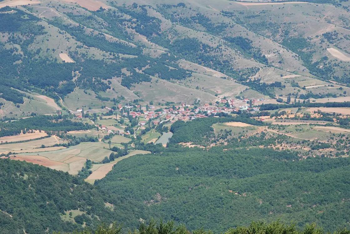 Aldanci village of red-roofed houses in a green valley below wooded hills, seen from high above