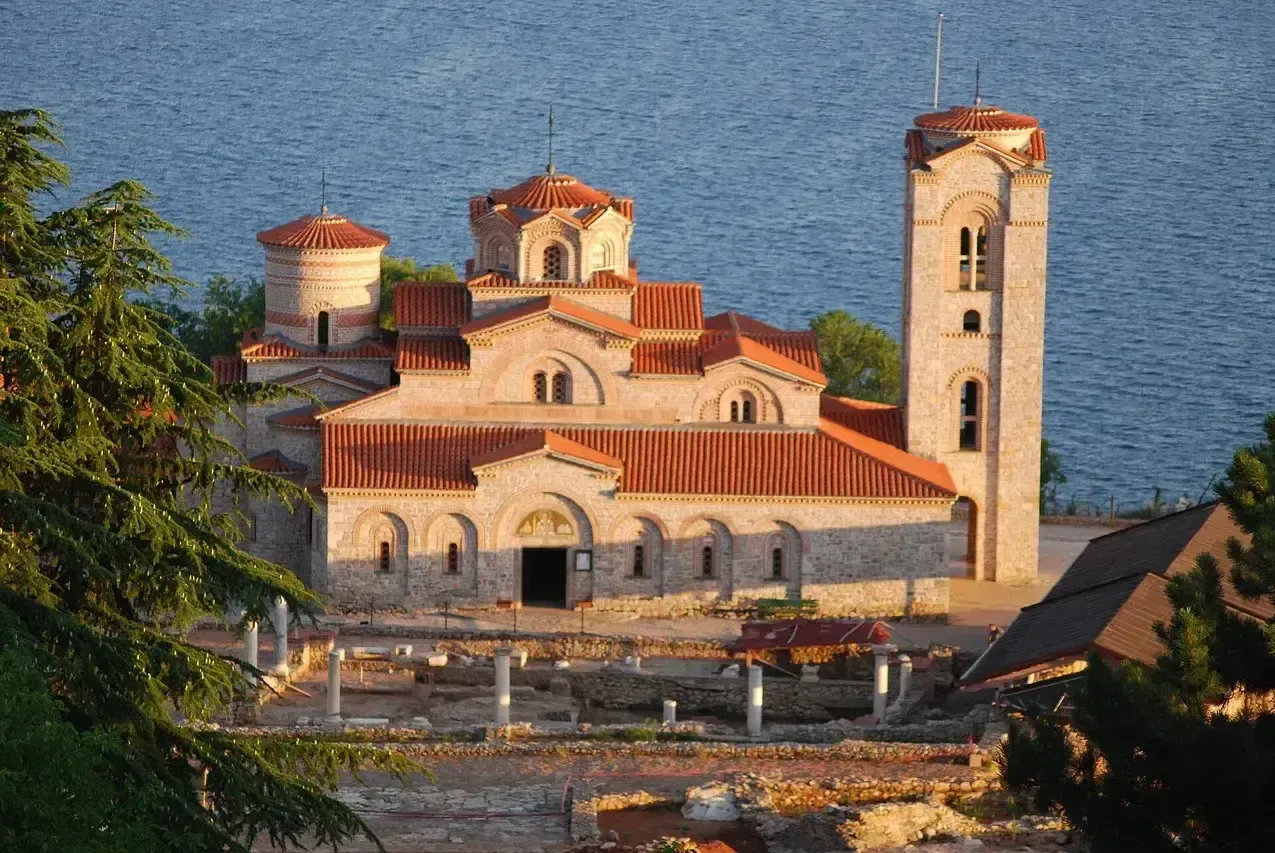 Lake Ohrid and the mountains beyond seen from the Plaošnik church terrace