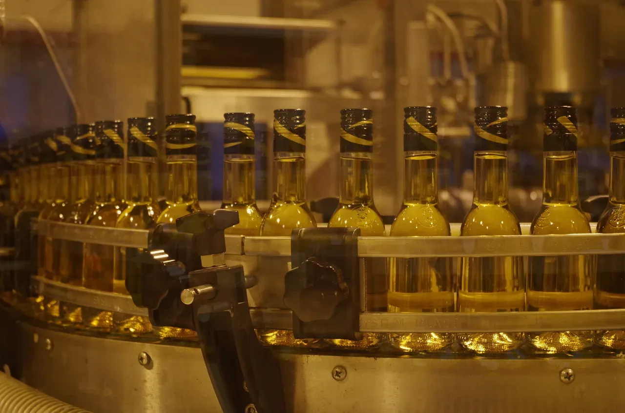 Rows of amber bottles moving along a lit filling line in a distillery