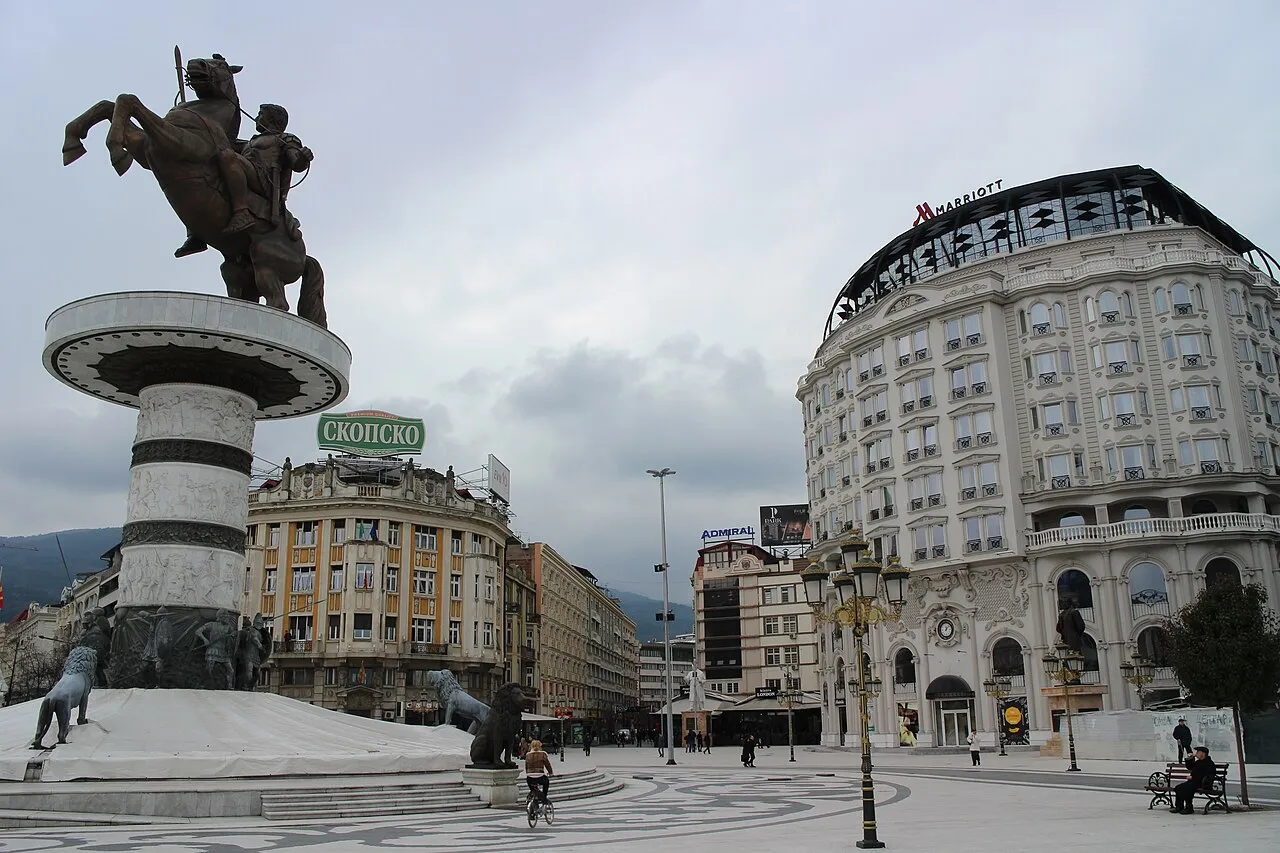 Macedonia Square in Skopje by day with the Warrior on a Horse statue and the Marriott hotel