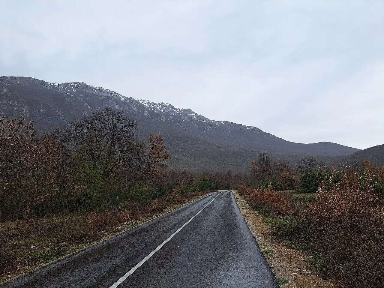 A wet rural road below snow-dusted mountains in North Macedonia