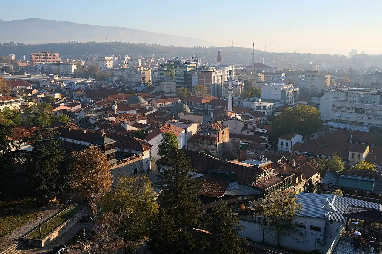Panorama over the rooftops and minarets of the Old Bazaar in Skopje in warm morning light