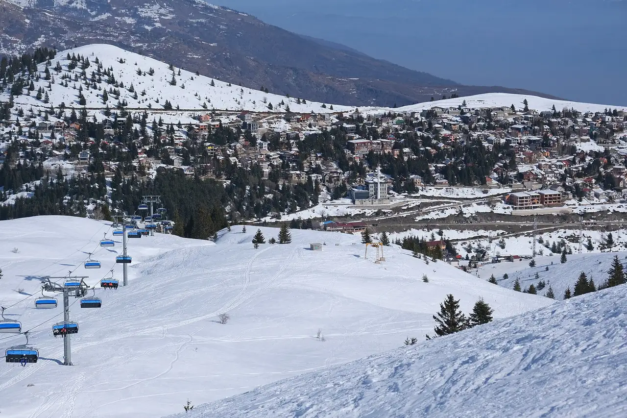 The chalets and hotels of Popova Šapka spread across a snowy hillside, with a chairlift line in the foreground and Šar peaks behind