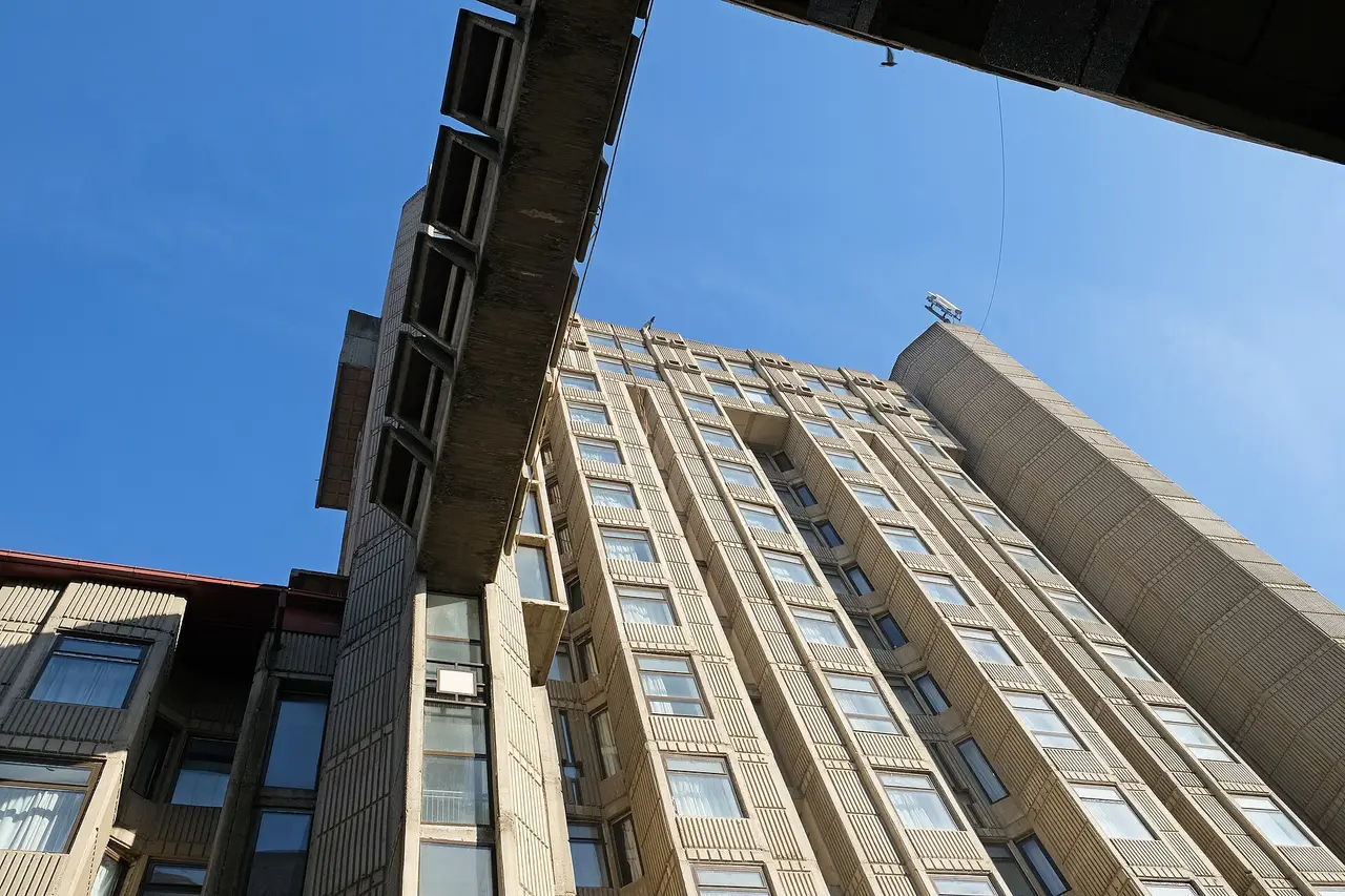 The pinwheel concrete towers of the Goce Delcev student dormitory in Skopje