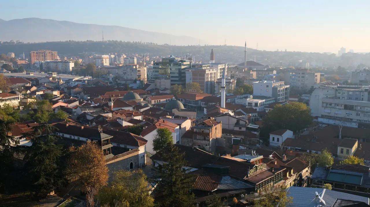 A cobbled lane of shops and Ottoman buildings in the Old Bazaar of Skopje