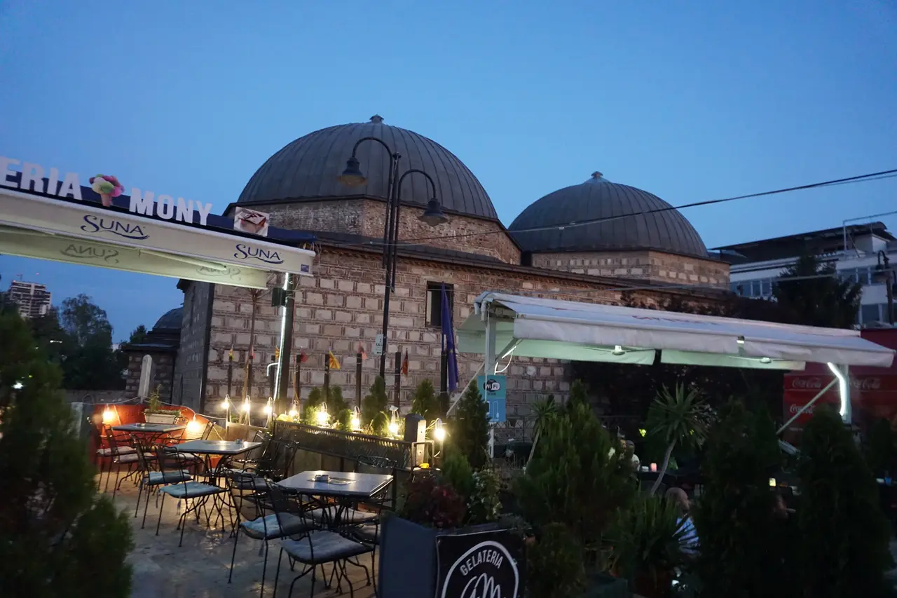 The multiple domes of the Daut Pasha Hammam, now the National Gallery, in Skopje