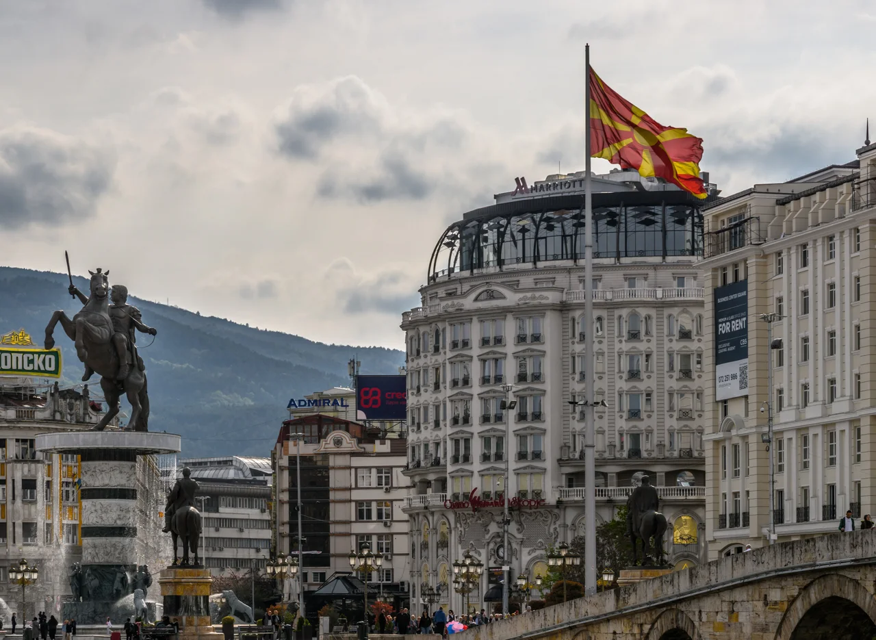 Macedonia Square in April 2026, about 1.8 km on foot from the Transport Centre