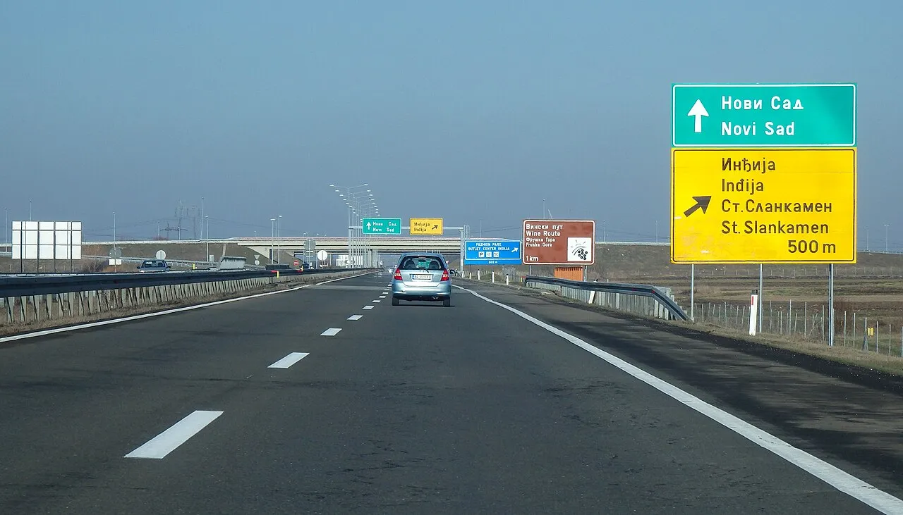 Wide view of the E-75 motorway cutting through Serbian countryside