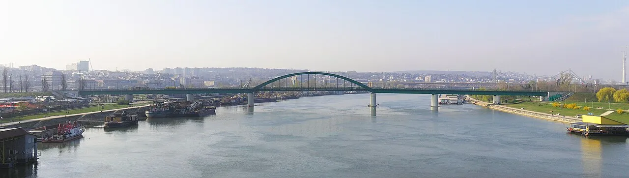 Old Sava Bridge in Belgrade with the river and city skyline