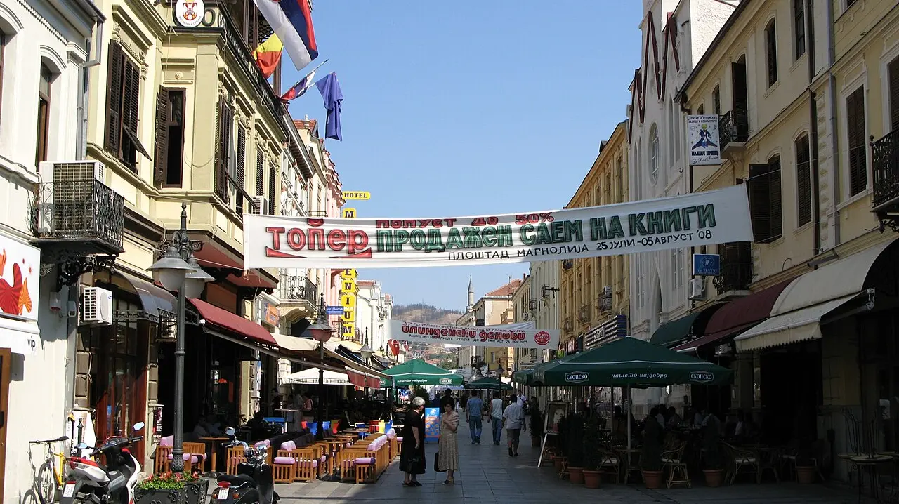 Širok Sokak, the lively pedestrian main street of Bitola, lined with cafés and neoclassical facades