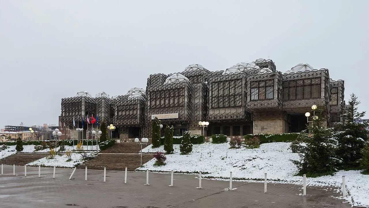 The National Library of Kosovo in Pristina, a concrete and metal-mesh building topped with white domes