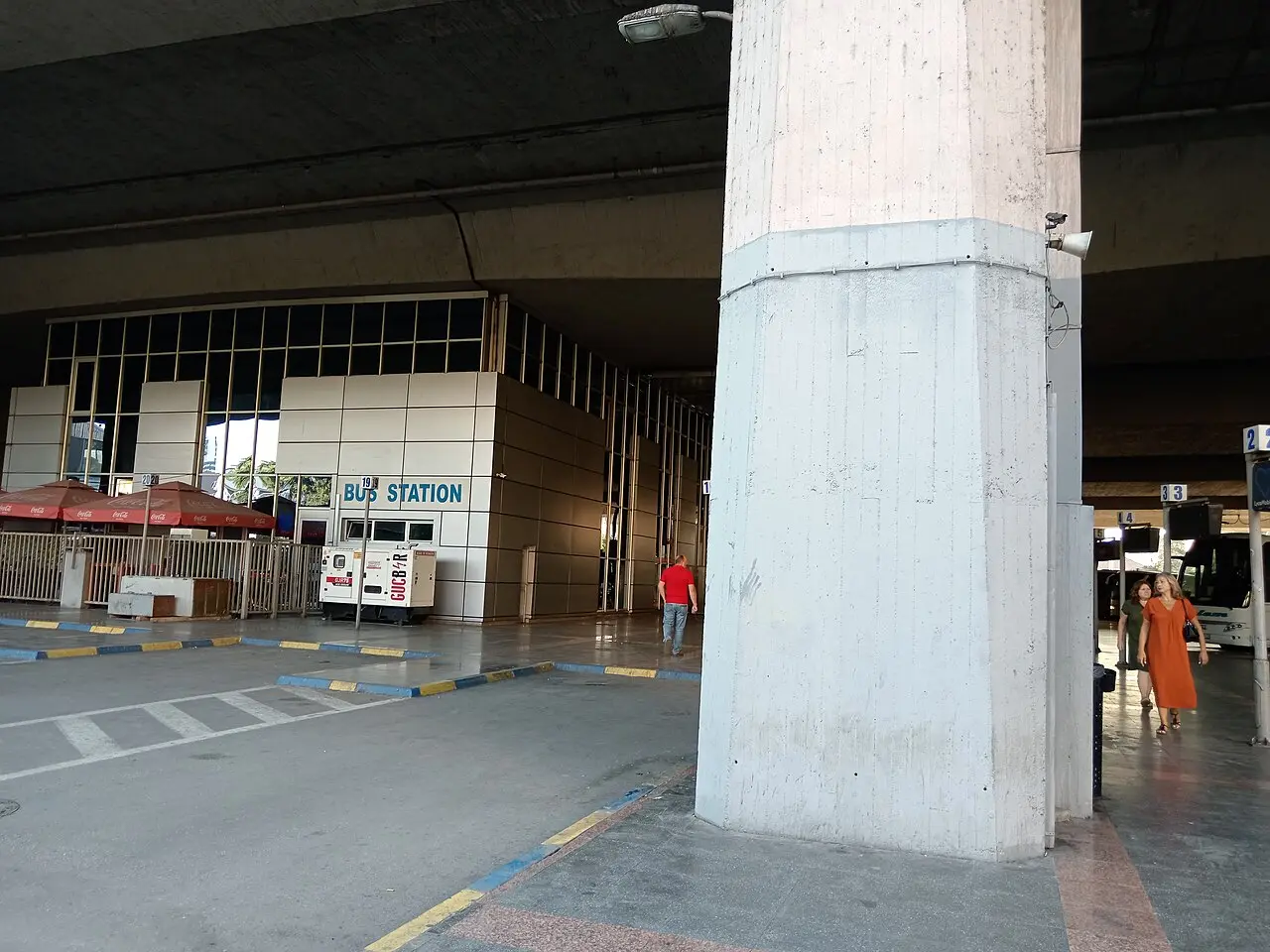 Coach bays under the concrete deck of Skopje's central bus station