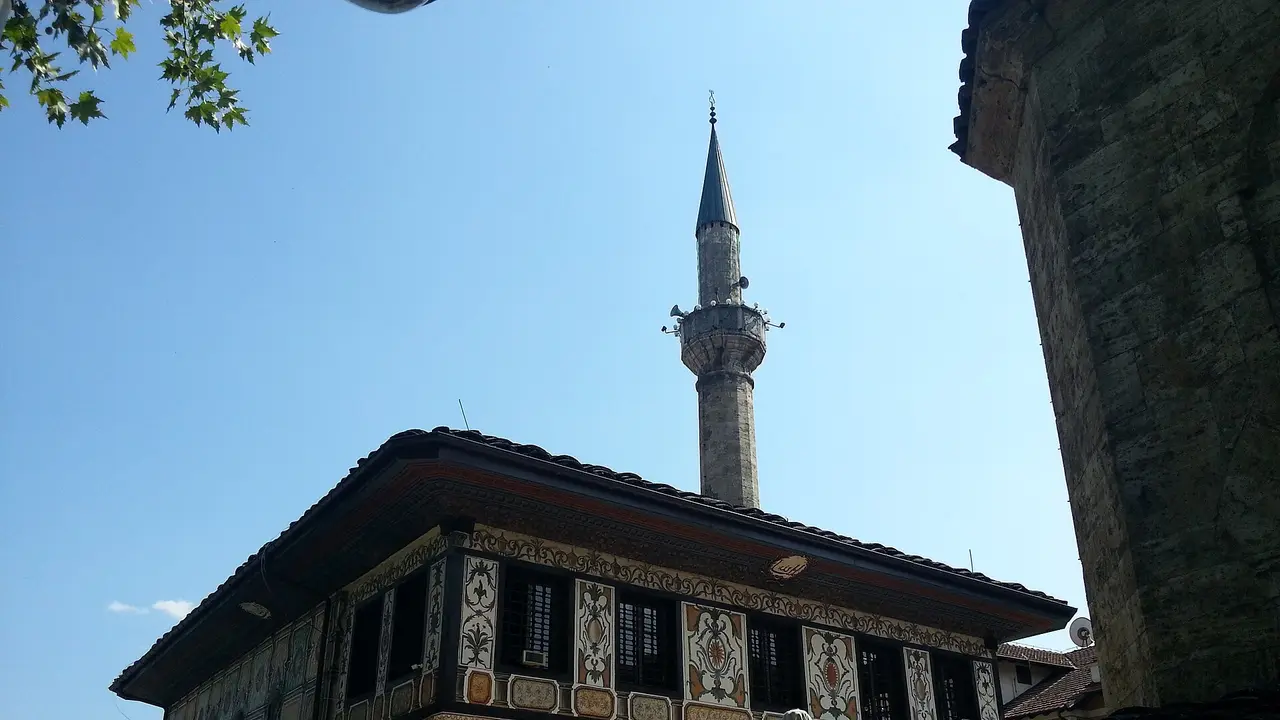 The Painted Mosque in Tetovo, its exterior panels covered in floral and geometric paintwork