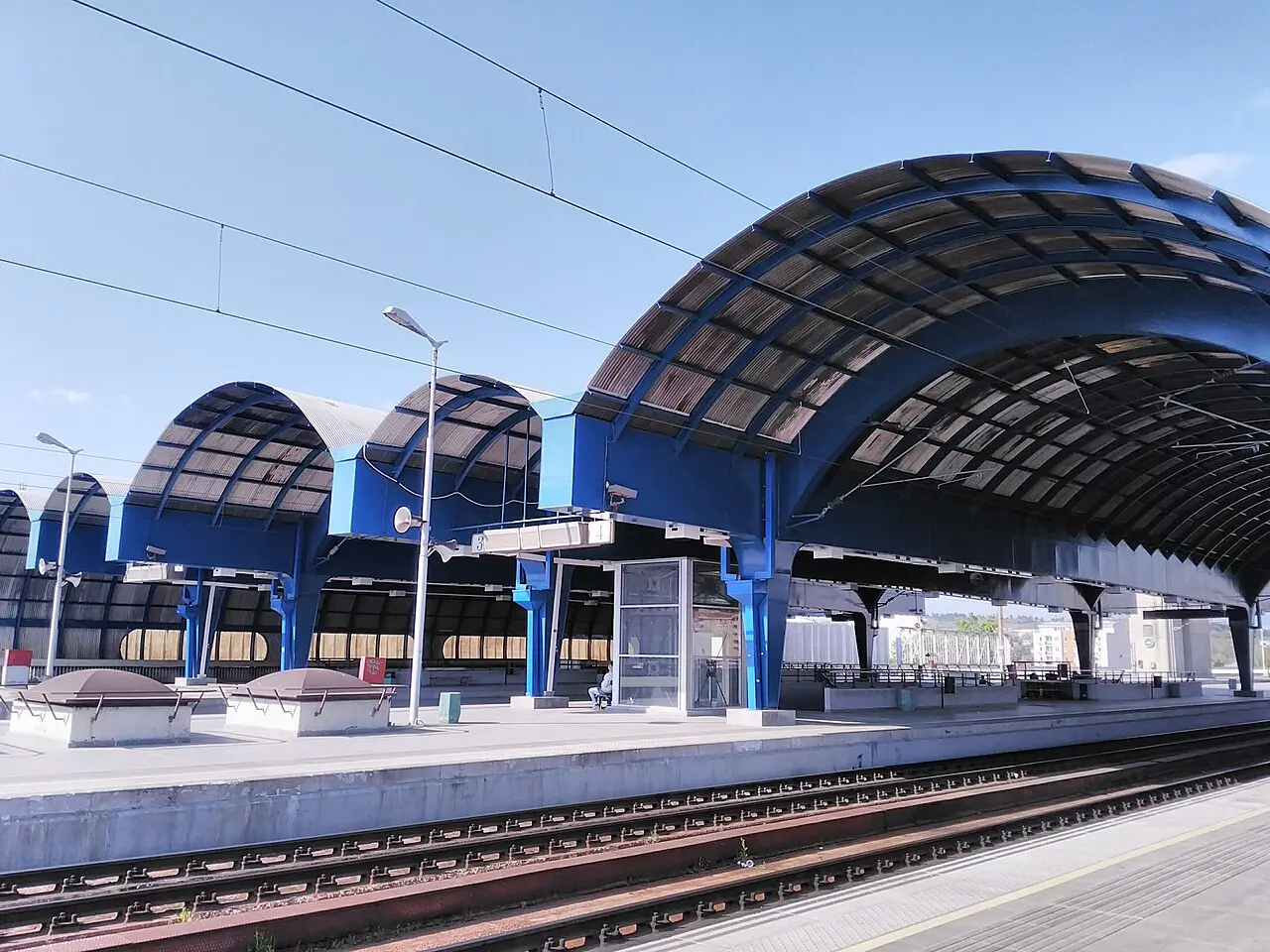 Platforms and tracks at Skopje's main railway station, part of the Transportation Center shared with intercity buses
