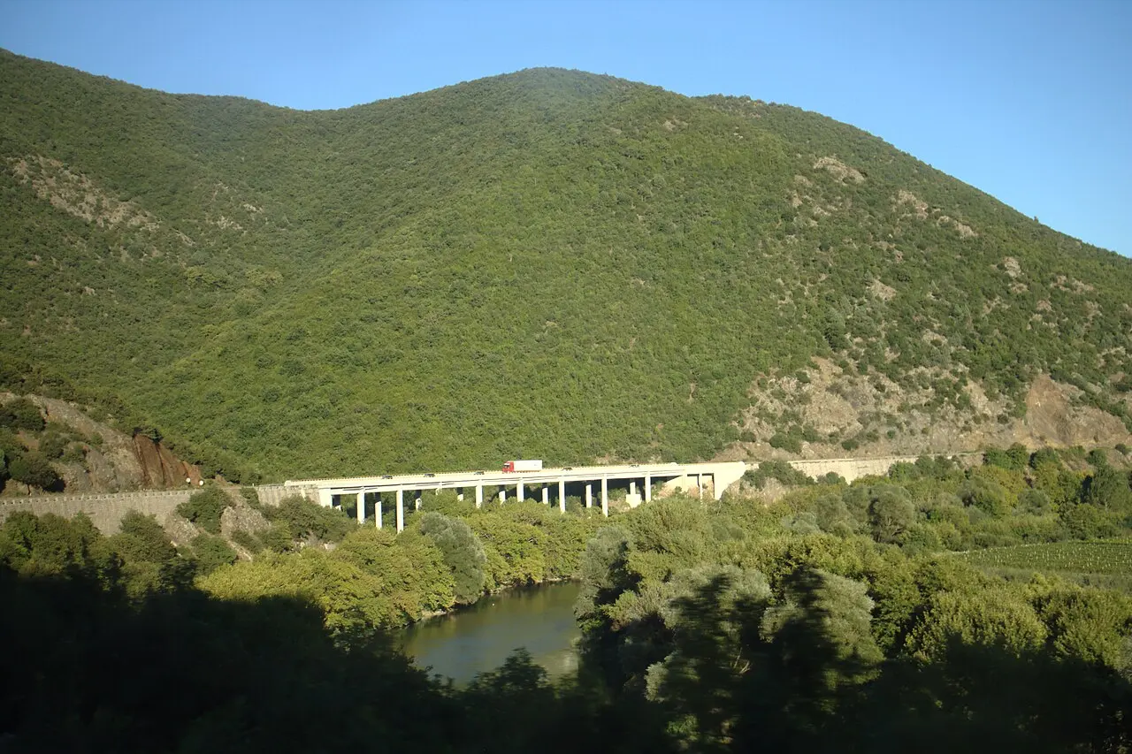 The Vardar river and the A1 road running through the Demir Kapija gorge