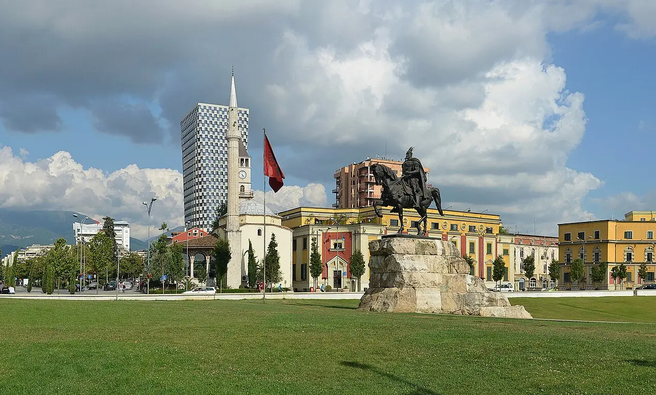 Skanderbeg Square in Tirana with the equestrian statue, Et'hem Bey mosque and the TID tower