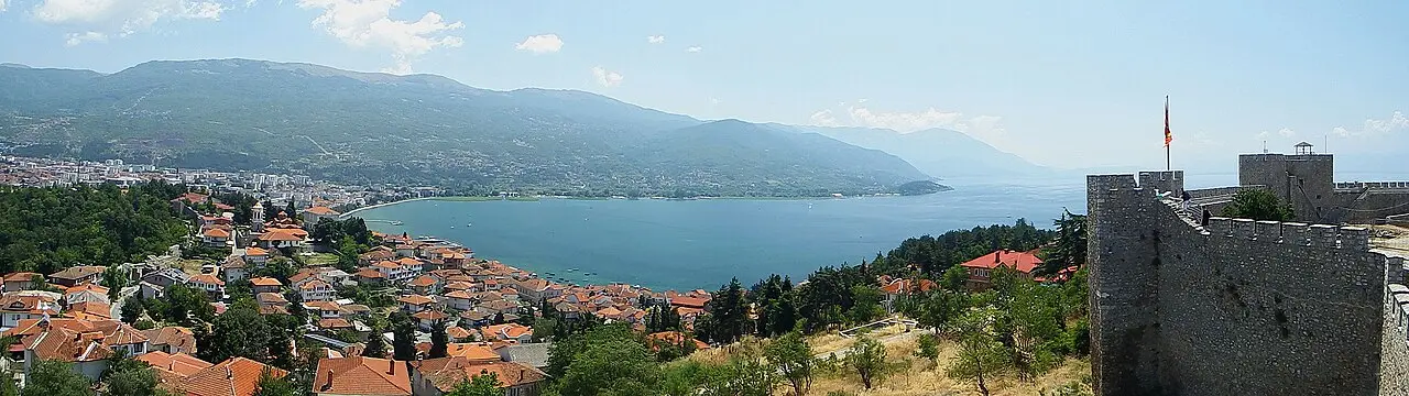 The old town of Ohrid and Lake Ohrid seen from the ramparts of Samuel's Fortress