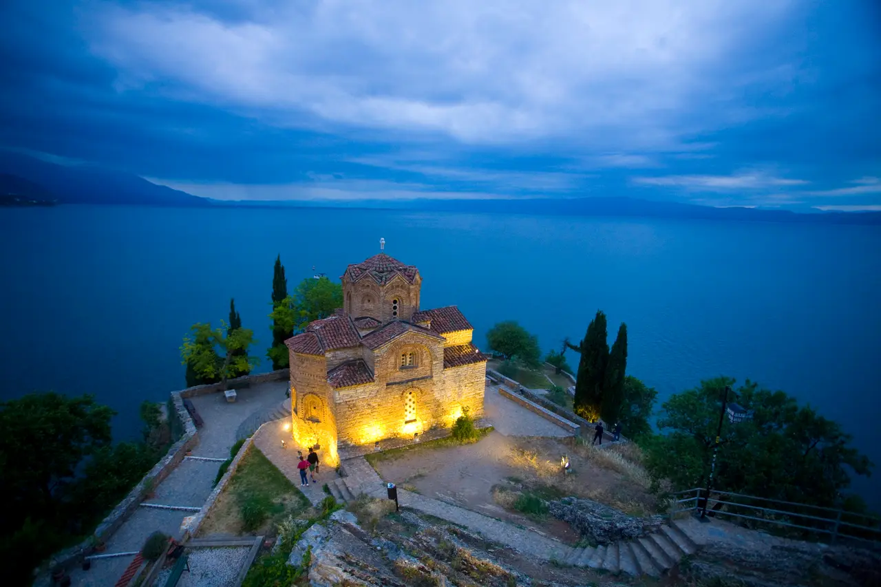 The Church of St. John at Kaneo on its cliff seen from the water of Lake Ohrid