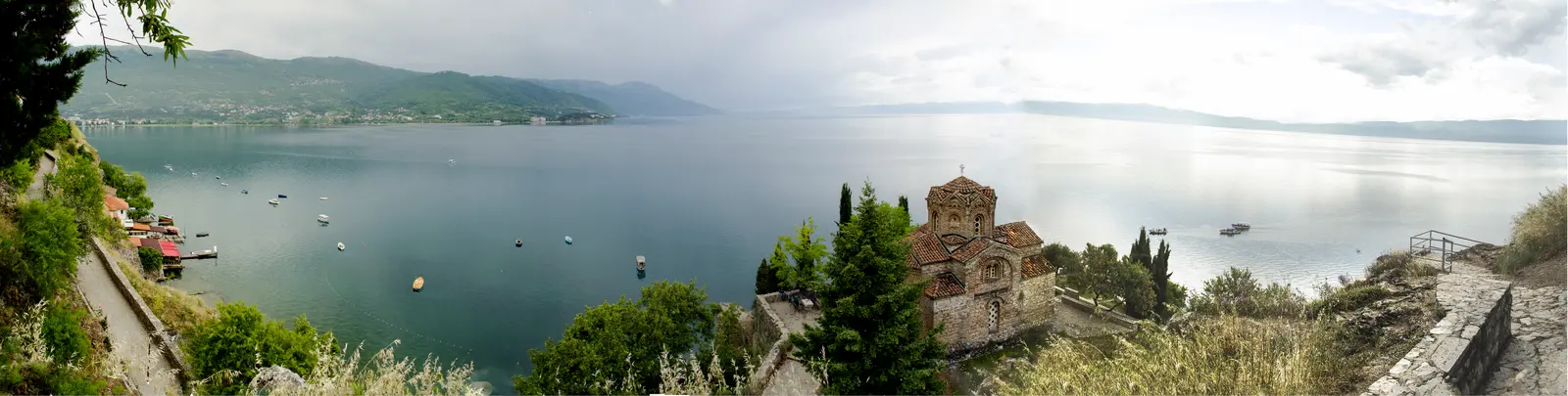 Wide panorama of Lake Ohrid from beside the Church of St. John at Kaneo