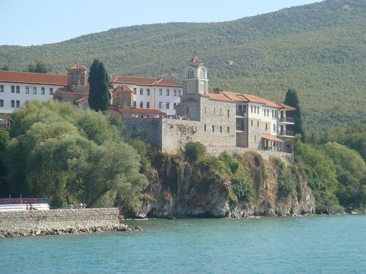 The multi-domed St. Naum monastery on its wooded bluff above Lake Ohrid