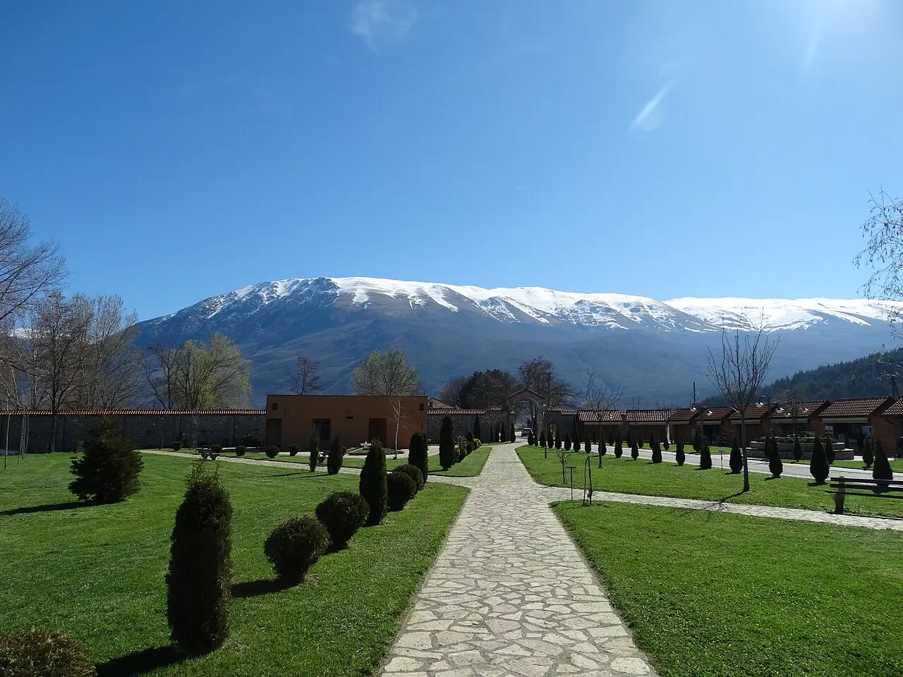 The monastery grounds with the snow-topped Galicica range rising behind
