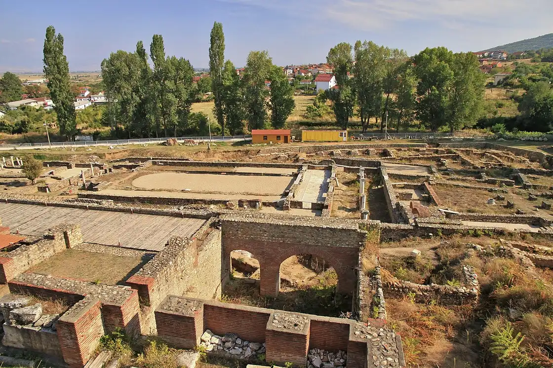 Aerial view of the excavated walls and basilica of Heraclea Lyncestis near Bitola
