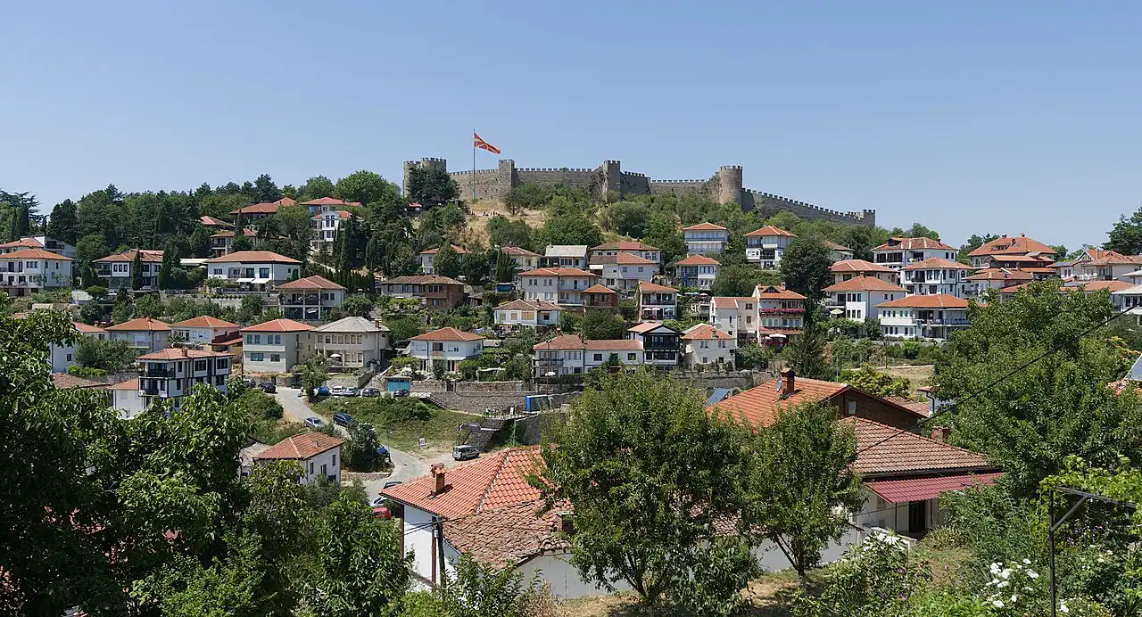 Samuel's Fortress with the Macedonian flag above the red roofs of Ohrid old town