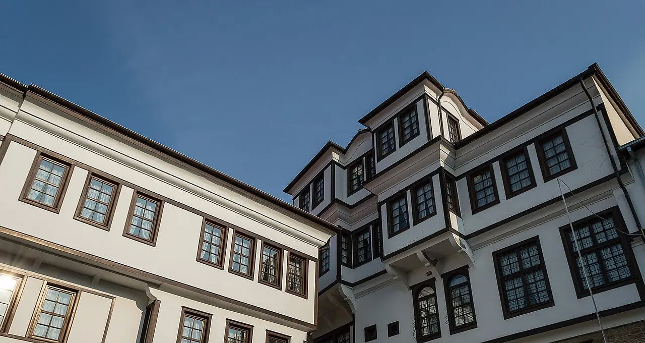 A traditional black-and-white Ohrid town house with overhanging upper floors