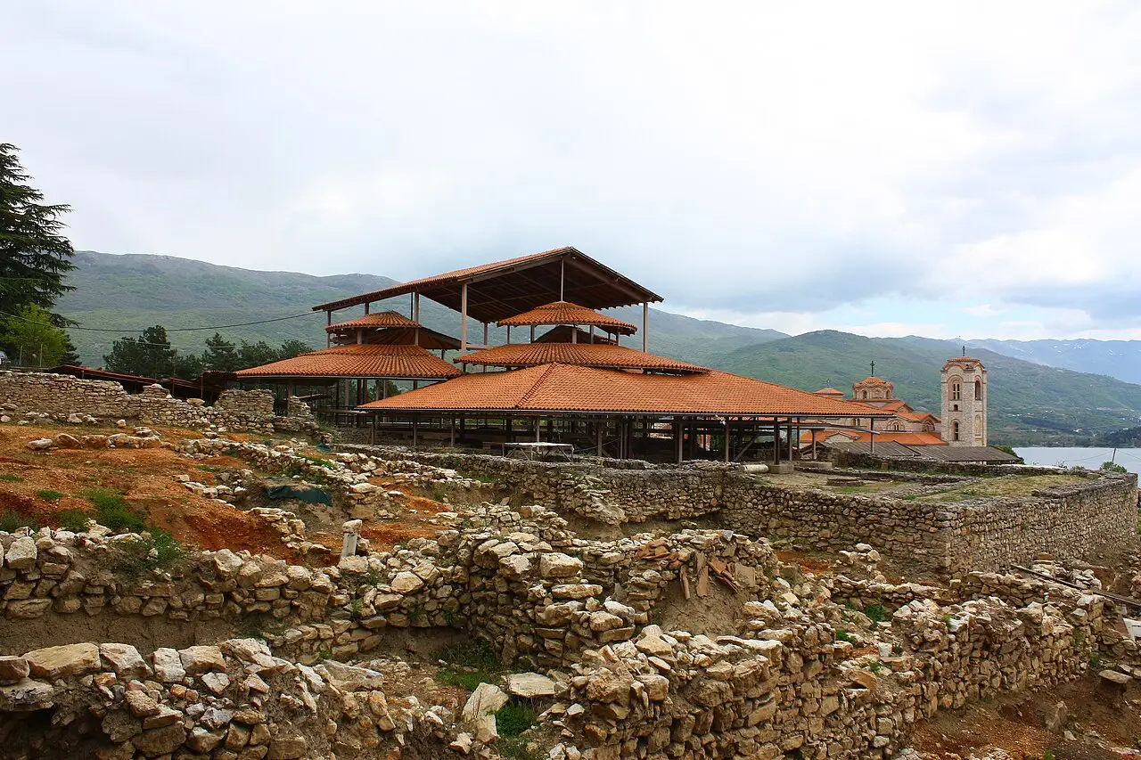 The reconstructed church and excavated foundations at the Plaošnik archaeological site in Ohrid