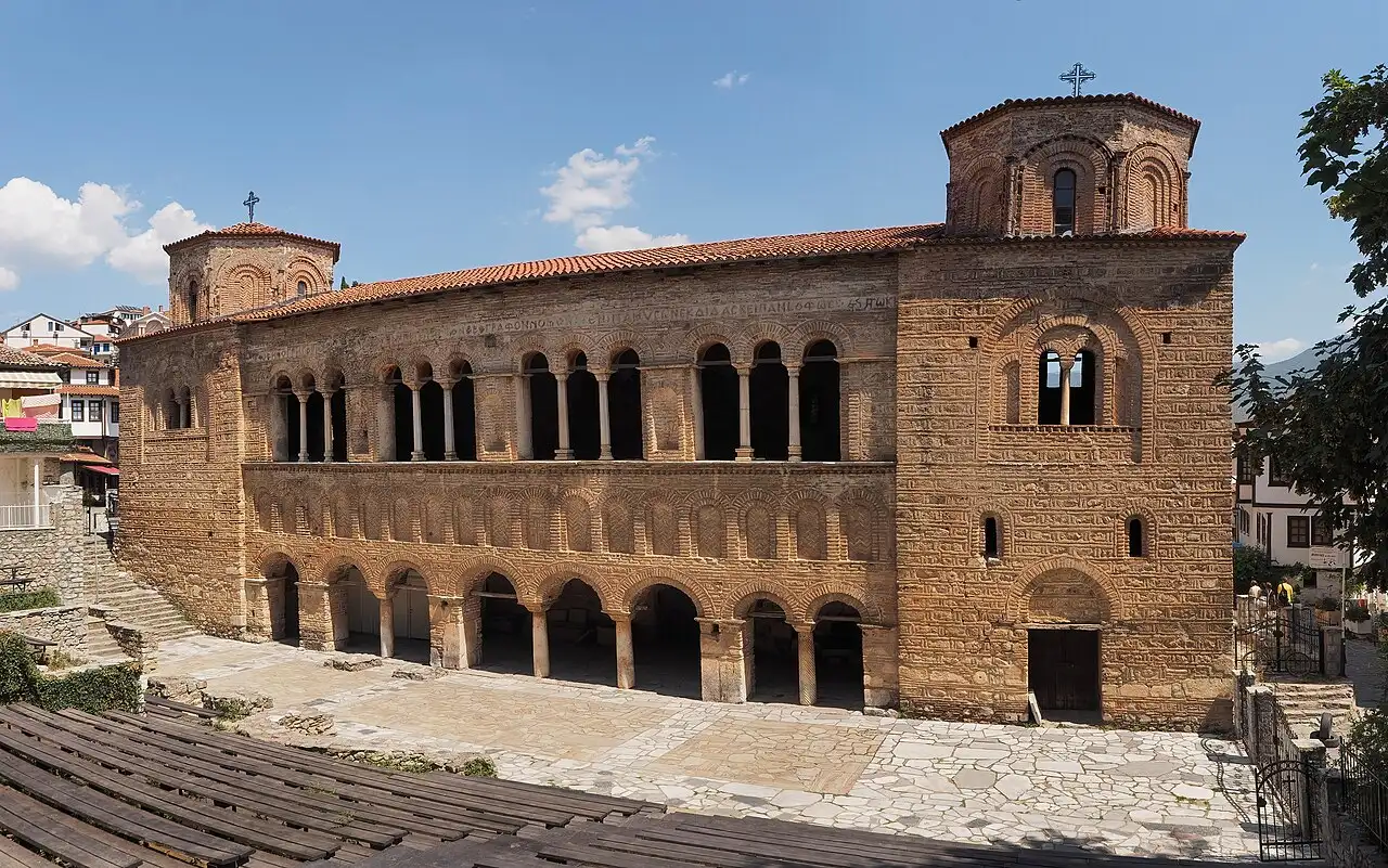 The large stone basilica of St. Sophia in Ohrid with its arcaded gallery