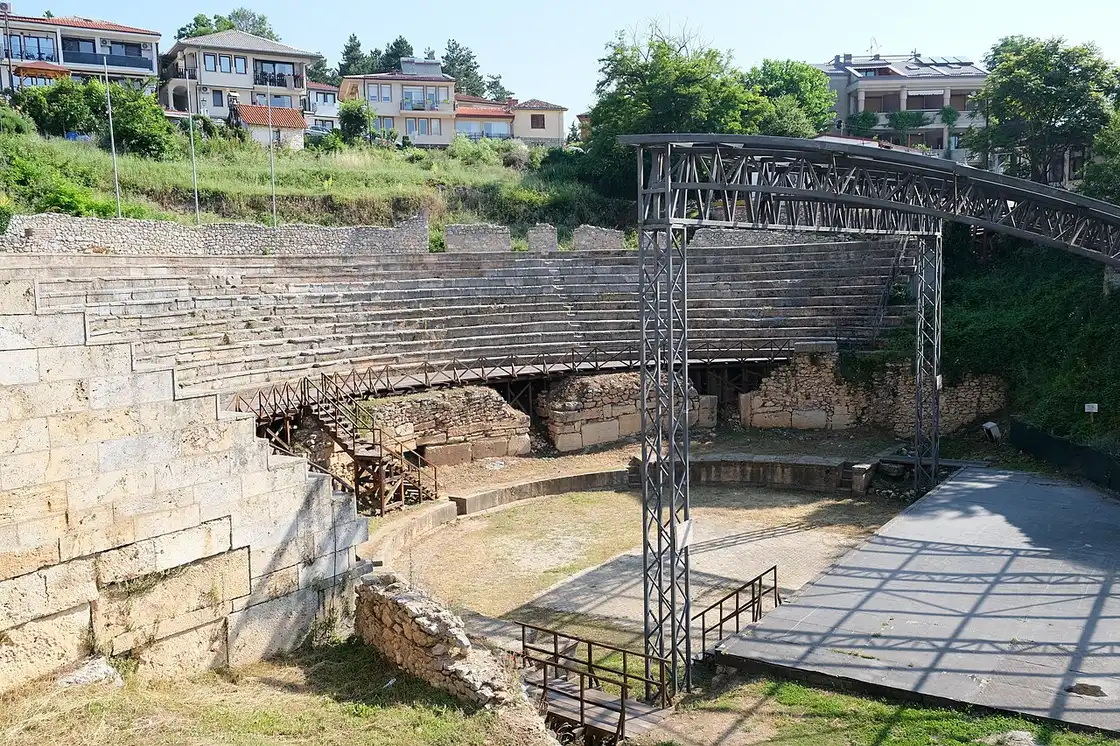 The stone tiers of the ancient theatre of Ohrid set into the hillside