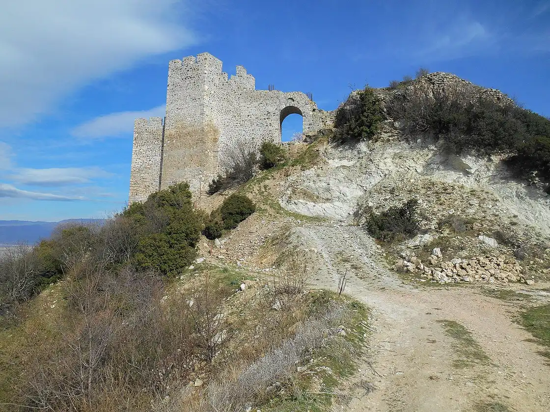 The restored stone gate and tower of the Carevi Kuli fortress on the rocky hilltop above Strumica