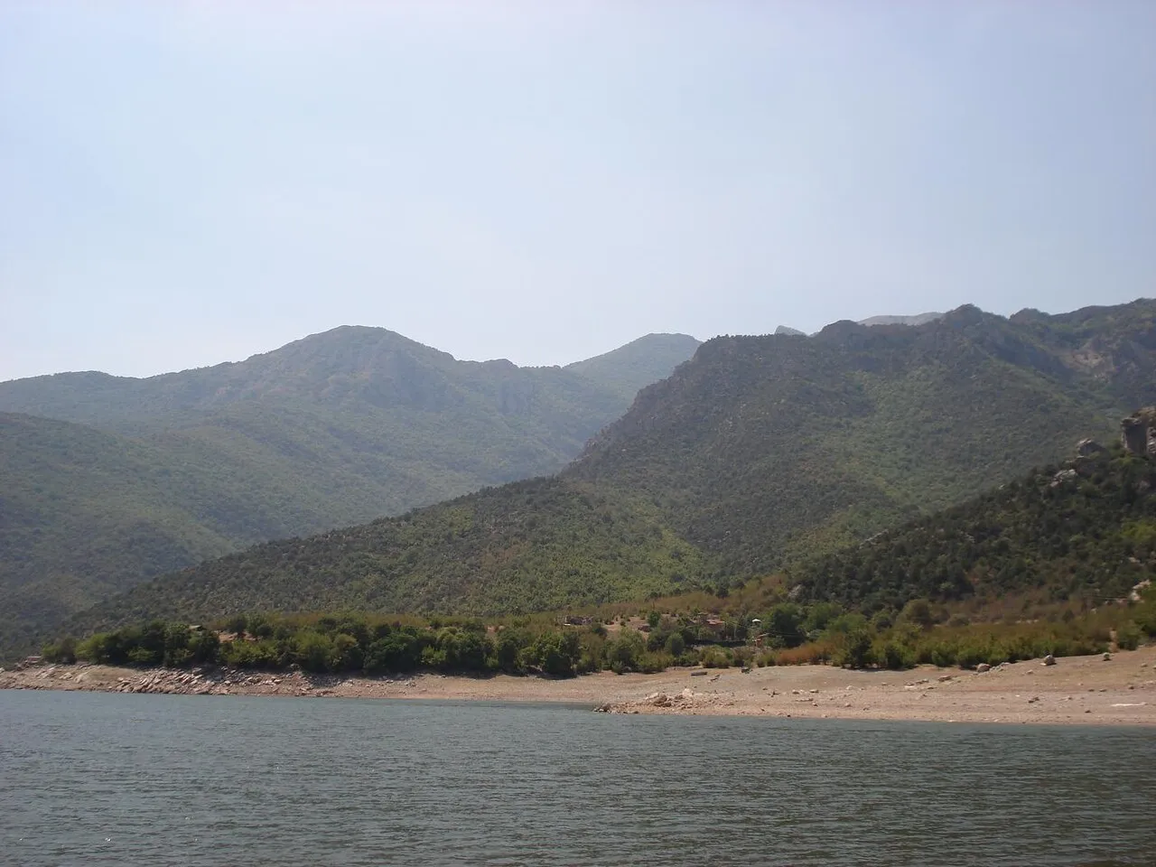 Pine-lined shore of Lake Tikves with calm water and forested hills