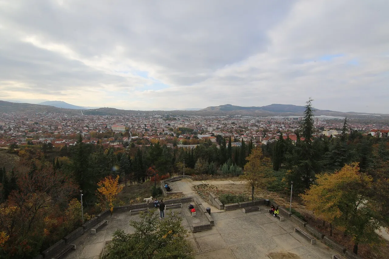 Panoramic view over Kavadarci rooftops and the Tikves valley beyond