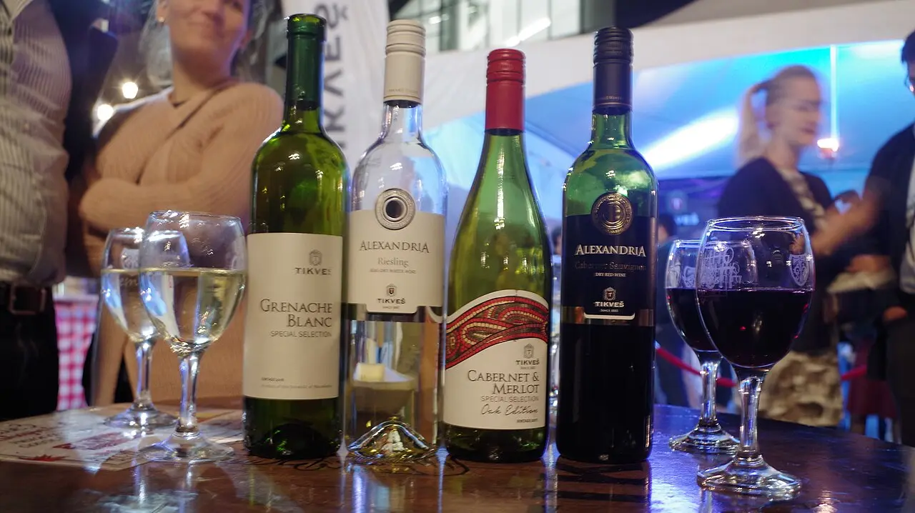 Bottles and glasses of Macedonian Tikveš wine on a wooden table
