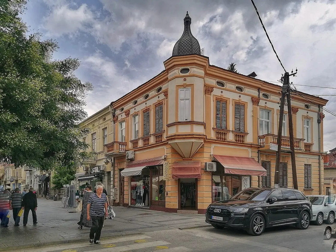 An ornate nineteenth-century consulate-era corner building with a turret on Široki Sokak in Bitola